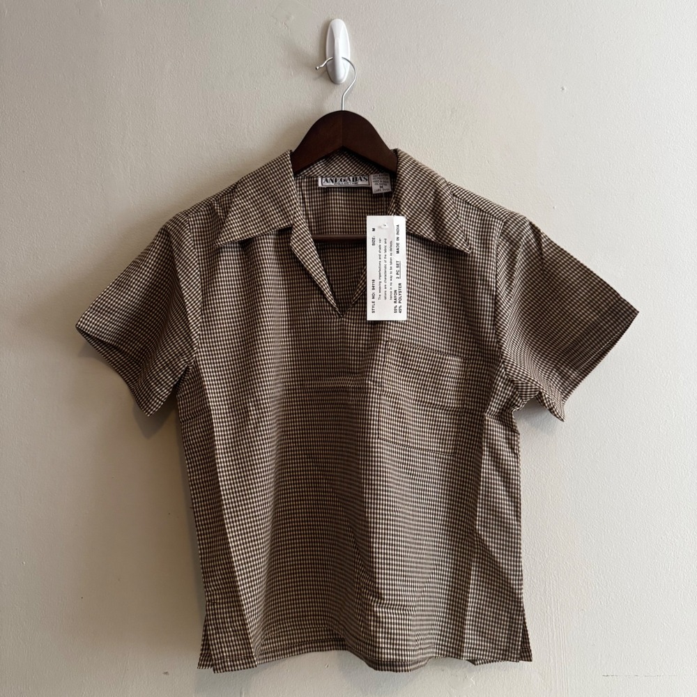 Vintage 90s Y2K Brown Gingham V-Neck Short Sleeve Top NWT M Retro Checkered